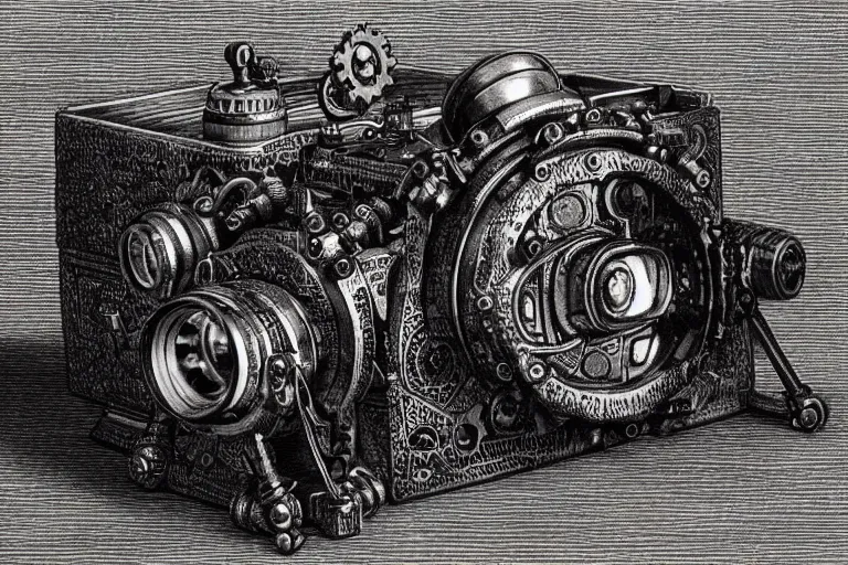 Image similar to a steampunk camera film by gustave dore, trending on artstation