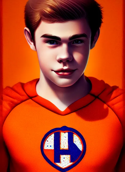 Image similar to friendly teenage archie andrews wearing an orange superhero costume with heart logo, freckles, superhero costume, heart emblem on chest, cape, intricate, elegant, glowing lights, highly detailed, digital painting, artstation, sharp focus, illustration, art by wlop, mars ravelo and greg rutkowski