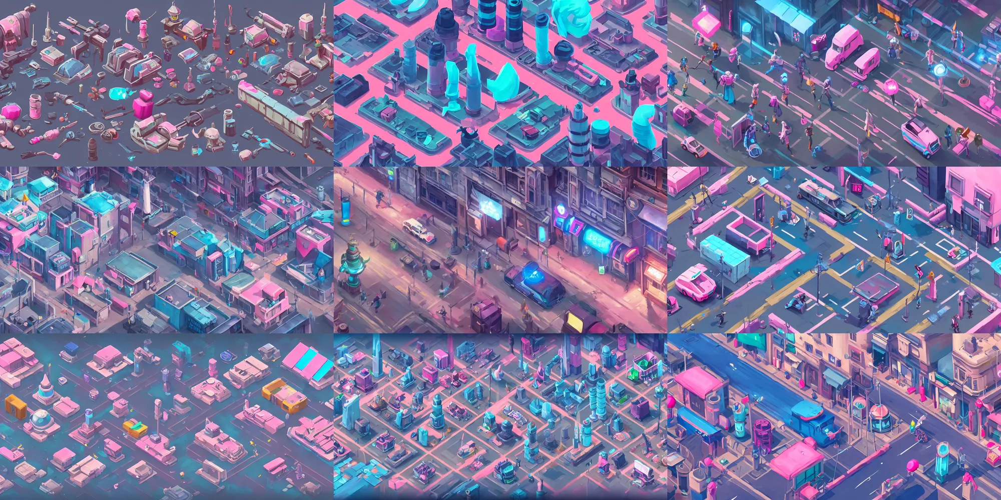 Prompt: game asset of modern city streets kits elements, in gouache detailed paintings, props, stylized, 2 d sprites, kitbash, arcane, overwatch, blue and pink color scheme, 8 k, close up