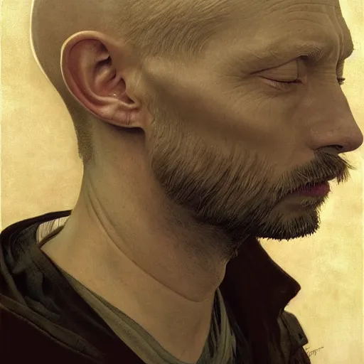 Image similar to hyper realistic portrait of smooth old thom yorke hairless, variations singer songwriter ok computer, ( side ) profile, liminal space, by lee bermejo, alphonse mucha and greg rutkowski, no beard, smooth face