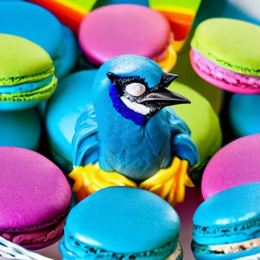 Image similar to A blue jay standing on a large basket of rainbow macarons.