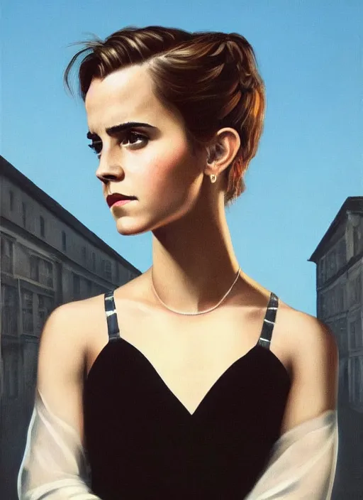 Image similar to a portrait of emma watson, standing in an empty dark street, highly detailed, dramatic lighting, intense shadows, rich deep colours, by jack vettriano