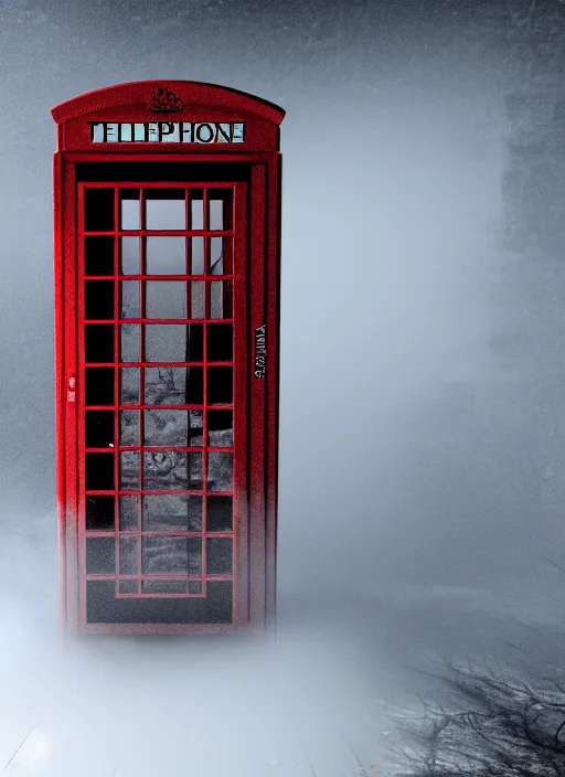 Image similar to a telephone booth on fire, weird, haunted, misty, dark and evil, demonic, sinister, ambient lighting, 8 k render, hyperrealistic, photo realistic