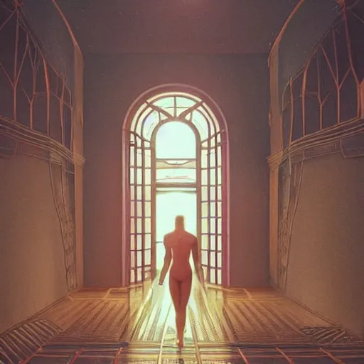 Image similar to cosmos, indoor liminal space, golden light, greg rutkowski, palm trees, pink door, minimalistic, hyperrealistic surrealism, award winning masterpiece with incredible details, epic stunning, infinity pool mirrors, a surreal vaporwave liminal space with mirrors, highly detailed, trending on artstation, artgerm and greg rutkowski and alphonse mucha, daily deviation