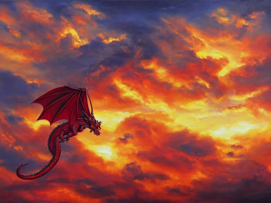 Image similar to A dragon made of rubies and gold flying in sunset clouds, realistic oil painting