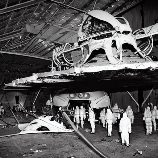 Prompt: dismantled, crashed, ufo spaceship in hanger with people in hazmat suits standing around, grainy, vintage photo, sepia, old photo, realistic, detailed,