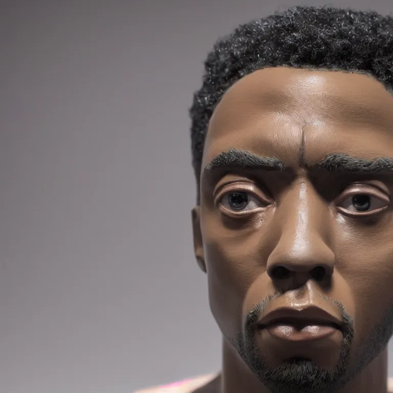 Prompt: beautiful studio photograph of colorful postmodern portrait sculpture of chadwick boseman disappointed, beautiful symmetrical face accurate face detailed face realistic proportions, made of spray - painted polymer clay on a pedestal by ron mueck and matthew barney and greg rutkowski, hysterical realism intense cinematic lighting shocking detail 8 k