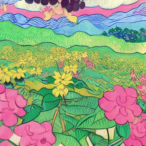 Image similar to a colorful illustration of a plant growing coffee, under a rainbow and magnificent flowers, detailed patters, in the style of Japanese illustration, Van Gogh, Matisse, Caravaggio, trending on artstation