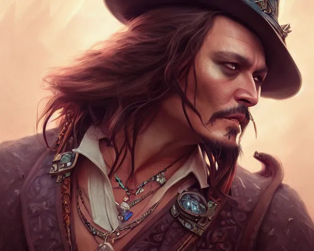 Image similar to photography of johnny depp, deep focus, d & d, fantasy, intricate, elegant, highly detailed, digital painting, artstation, concept art, matte, sharp focus, illustration, hearthstone, art by artgerm and greg rutkowski and alphonse mucha