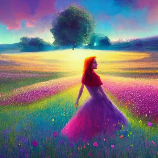 Prompt: girl with a flower face, surreal photography, dream, standing in flower field, magical, in a valley, sunrise dramatic light, impressionist painting, colorful clouds, artstation, simon stalenhag