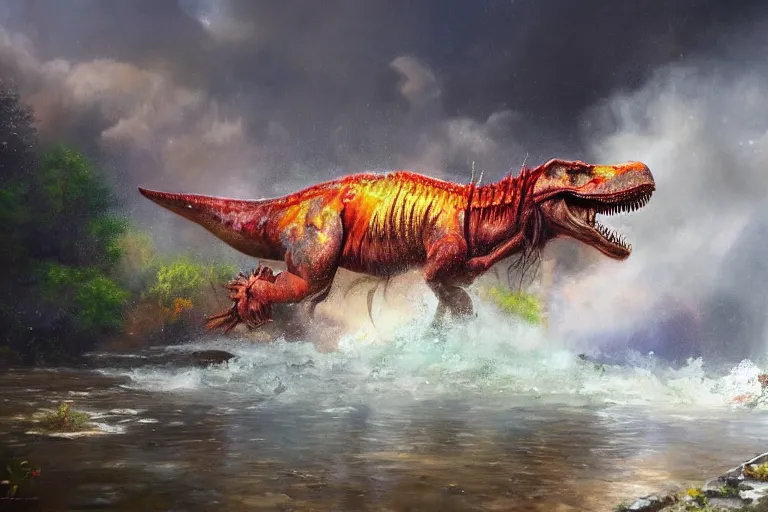 Prompt: highly detailed oil painting of a tyrannosaurus rex in a steaming colorful hotspring stream, featured on artstation