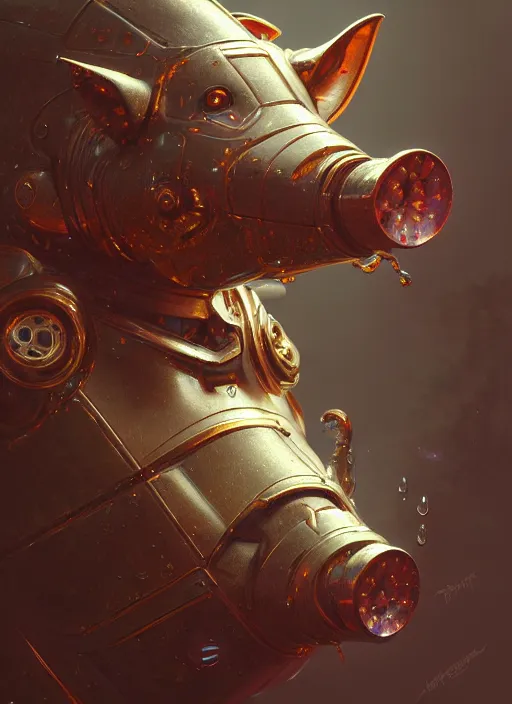 Image similar to robotic pig, d & d, wet, shiny, fantasy, intricate, elegant, extremely higly detailed, ultra definition, digital painting, artstation, baroque, concept art, smooth, sharp focus, illustration, art by artgerm and greg rutkowski and alphonse mucha