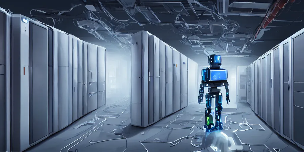 Image similar to parallax datacenter server room white rusty android robocowboy in artstation