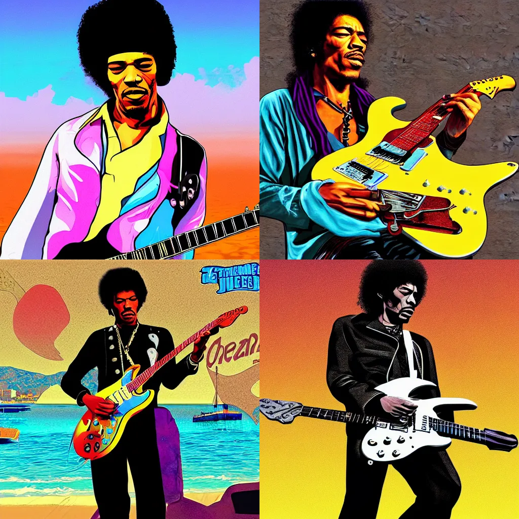 Prompt: Jimi Hendrix playing his guitar on the oceanside in the style of gta V cover art, digital art, hyperdetailed, photorealistic, award winning, award winning lighting, award winning shading, drawn with luxury equipment, drawn on apple pen