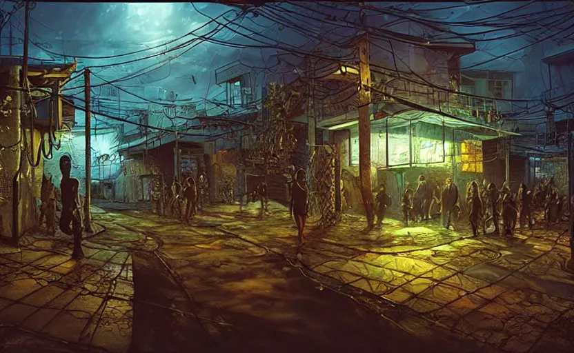 Prompt: an modern lovecraftian favela environment, large crowd, simplicity, minimalist, elegant, glass panes, billboards, glowing lights, soft lighting, photorealism, unreal engine, art by michael whelan and chris moore and howard david johnson and tim white and dan giancola