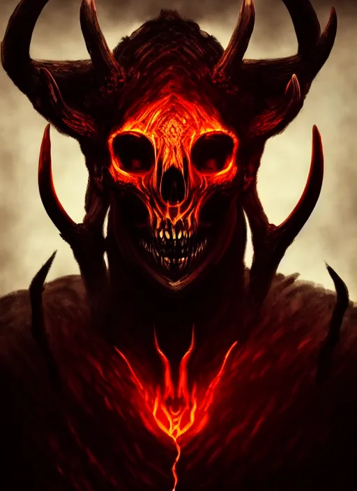 Image similar to demon in the pits of hell with a deer skull as head, ember glowing in eye sockets, headshot photo, character concept, dark souls concept art, Feng Zhu concept art, dramatic lighting, highly stylized, trending on artstation, high-quality wallpaper, desktopography