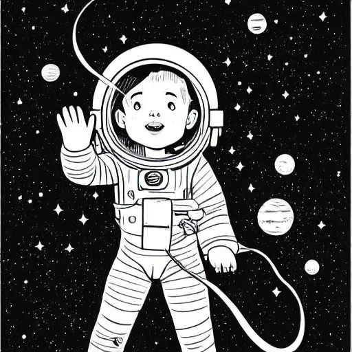 Image similar to clean simple line art of a little girl with wavy curly hair floating in space. she is an astronaut, wearing a space suit. white background. well composed, clean black and white line drawing, beautiful detailed face. illustration by josan gonzalez and steve ditko and greg rutkowski
