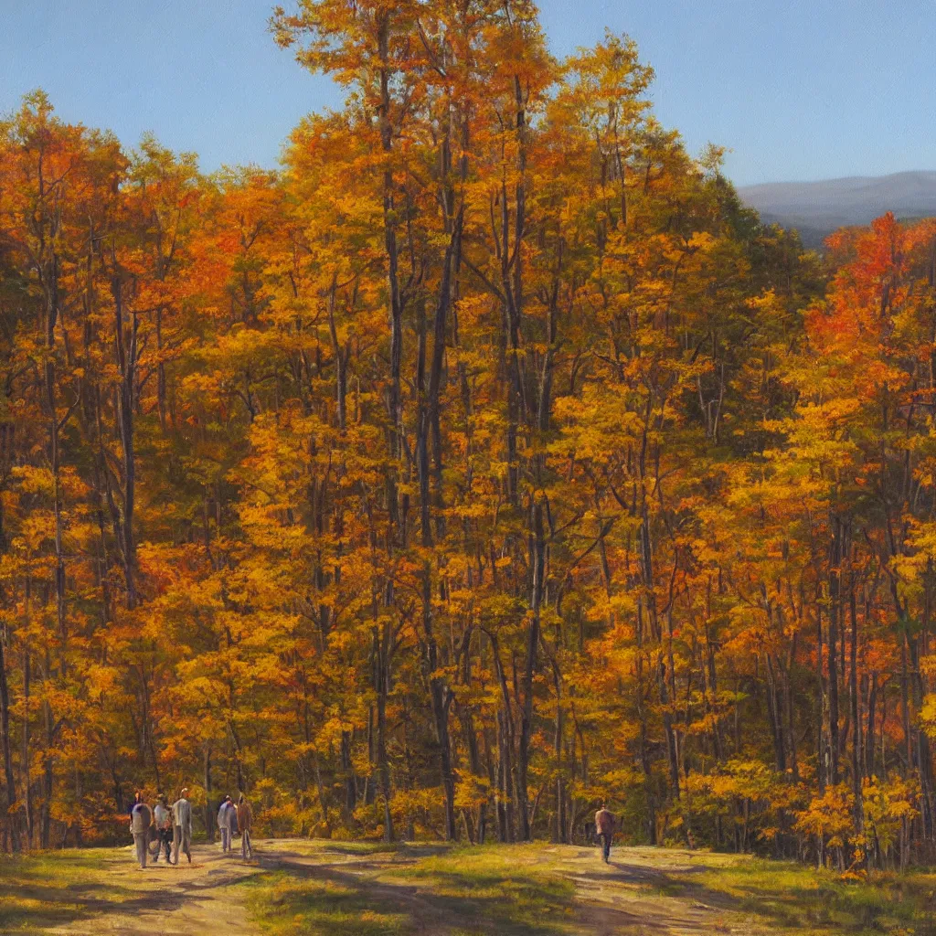 Prompt: modern american realist oil painting of walking together in the late afternoon golden hour light of gatineau park in october