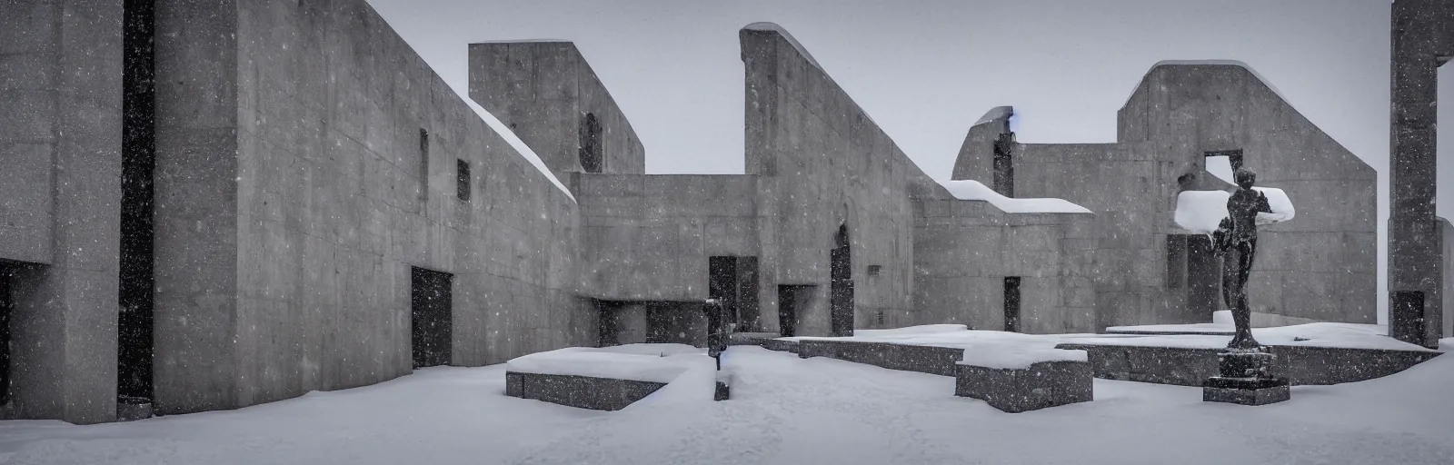 Image similar to snow falling on brutalist monastery, the monastery is on top of a black snowy mountain, the concrete monastery has walkways, skybridges, stairways, white marble statues on pedestals in the background, depth of field, sharp focus, clear focus, beautiful, award winning architecture, hopeful, quiet, calm, serene