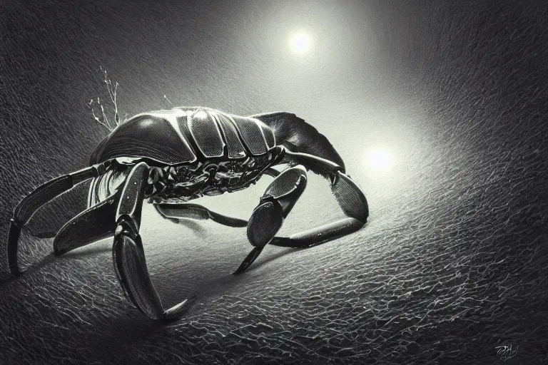 Image similar to holy fiddler crab, art by noriyoshi ohrai and john harris, trending on artstation, iridescent turquoise lighting macro view black and white, steampunk, fractalism, framed by swordwine, photorealism