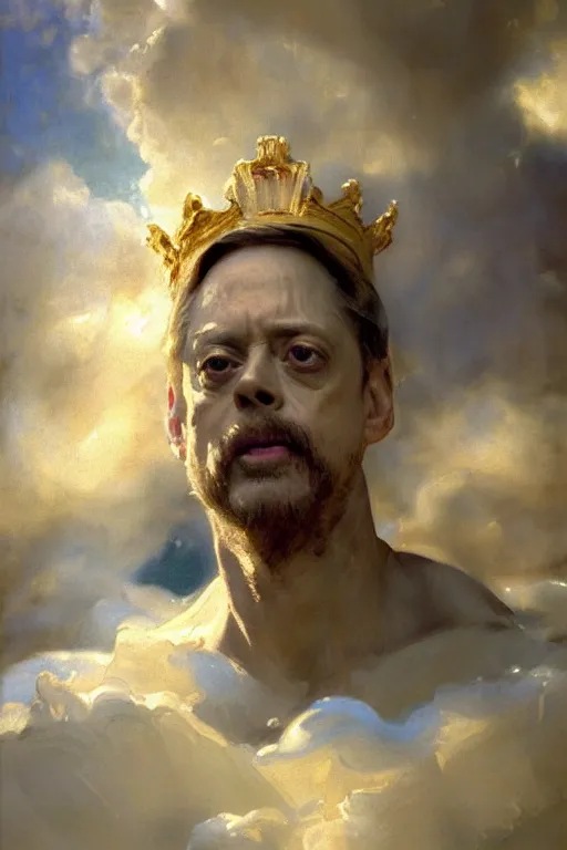 Image similar to beautiful detailed expressive impressionistic oil painting portrait of ancient roman god emperor steve buscemi ascending into the clouds wearing the civic crown, renaissance painting, art by anders zorn, wonderful masterpiece by greg rutkowski, expressive brush strokes, beautiful cinematic light, american romanticism by greg manchess, jessica rossier