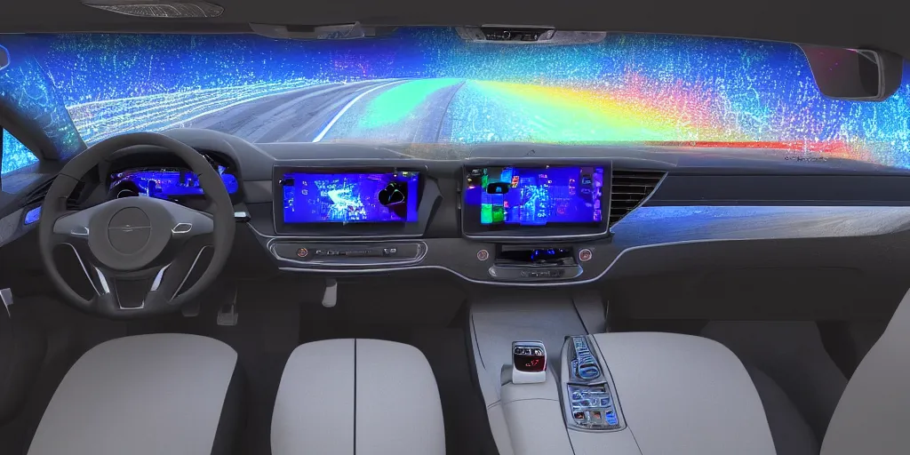 Image similar to the dashboard of a car at night, RGB LED lights, screens, detailed, render