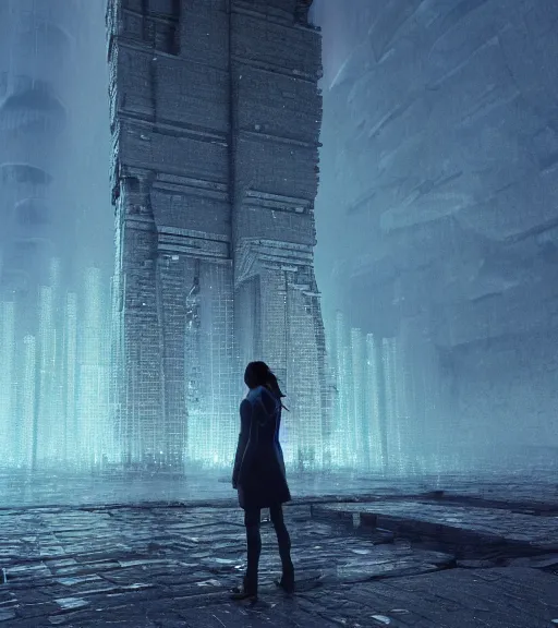 Image similar to andrei tarkovsky greatest scene, epic tower of babylon destroyed, ethereal, ancient, a majestic woman in a futuristic cyber clothing, transparent puffer jacket, hyperrealistic, blockchain, cyber world, ambient lighting, concept art, intricate sky, hyper - detailed, smooth, dynamic volumetric lighting, octane render, ray tracing, cinematic, high quality, cgsociety