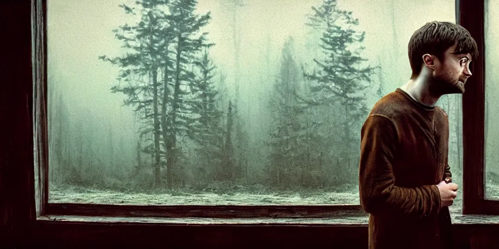 Image similar to portrait bust of daniel radcliffe, solemn expression, faded color film, russian cinema, tarkovsky, kodachrome, old cabin, next to window, heavy forest outside, long brown hair, old clothing, heavy fog, blue hour, hudson river school, 4 k, dramatic lighting, greg rutkowski