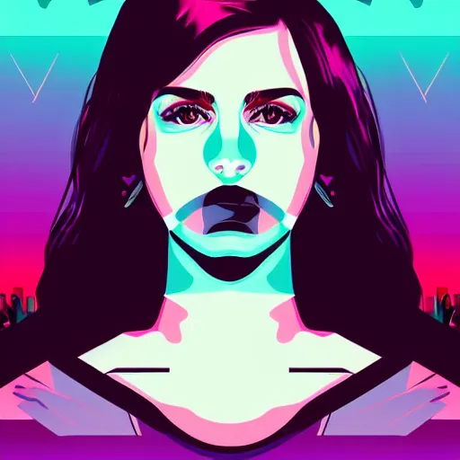 Image similar to a beautiful face of a woman, with a tattoo of semi colon on her face, in retro colors, synthwave style, 2 d digital vector art