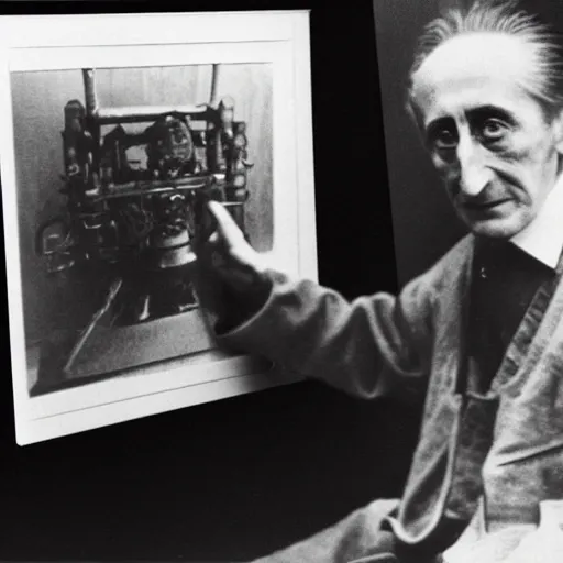 Image similar to underexposed photo of Marcel Duchamp in a room full with an ancient machine, tri-x, archival pigment print in the style of Hito Steyerl, contemporary art