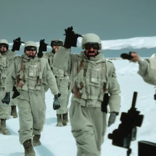Image similar to filmic extreme close up shot movie still 4 k uhd interior 3 5 mm film color photograph of six soldiers arguing and yelling and pointing in a lab in antartica