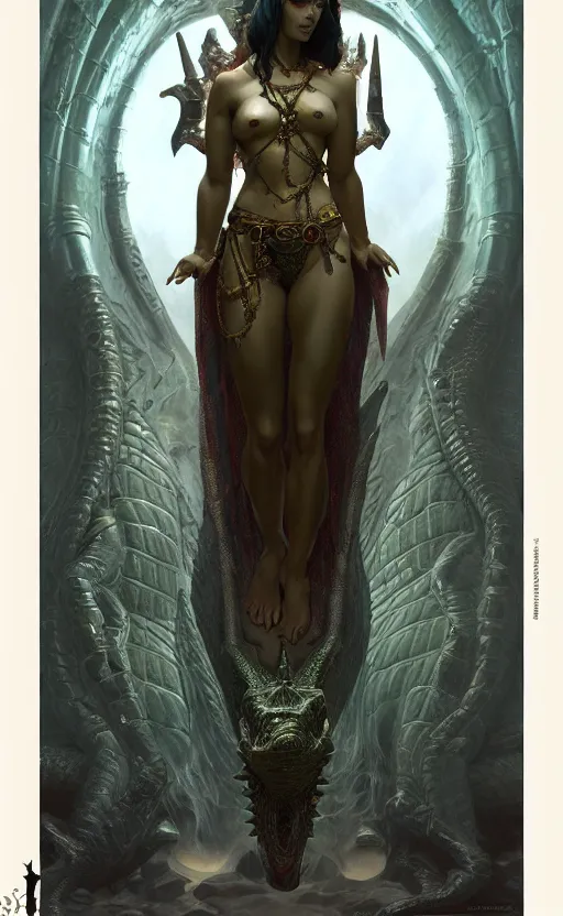 Image similar to crocodile godess in temple portal, reptilian skin, d & d, fantasy, full body portrait, elegant, highly detailed, digital painting, artstation, concept art, matte, sharp focus, illustration, art by artgerm and greg rutkowski and alphonse mucha