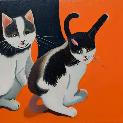 Prompt: two cats playing ping pong on orange background, oil painting