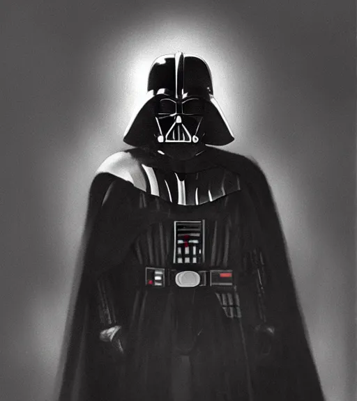 Image similar to black-and-white portrait of Darth Vader by Craig Mullins; extraordinary-masterpiece; realistic-lighting