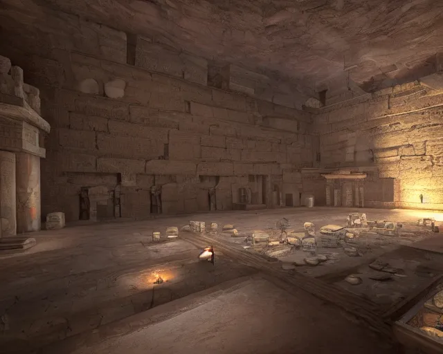 Image similar to screenshot ps 5 videogame in an ancient egypt undiscovered room with a box full of money ingots and gems and precious, concept art, architecture design, pyramids style, rtx, nvidia, renderer, stunning graphics