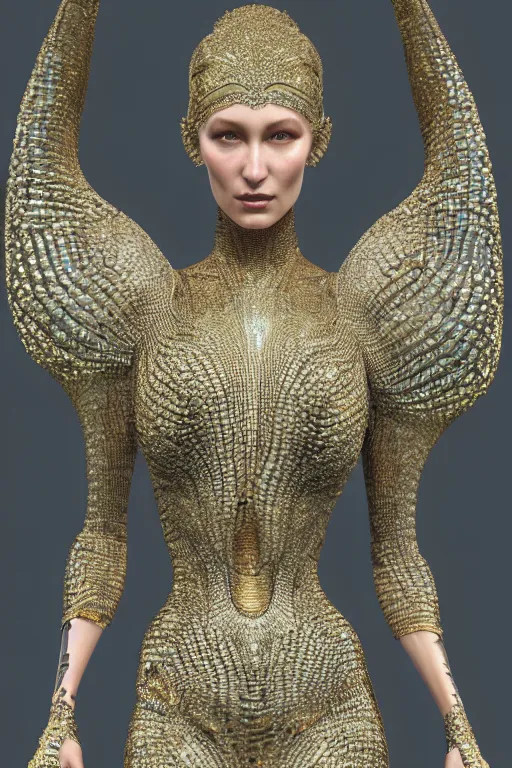 Prompt: a highly detailed 4 k render of a beautiful dmt alien goddess bella hadid in iris van herpen dress schiaparelli in diamonds in style of alphonse mucha trending on artstation made in unreal engine 4