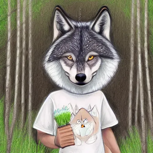 Image similar to Beautiful portrait drawing of an anthro anthropomorphic mint-wolf, wearing a cute pastel t-shirt, in Summer, at a forest. digital art