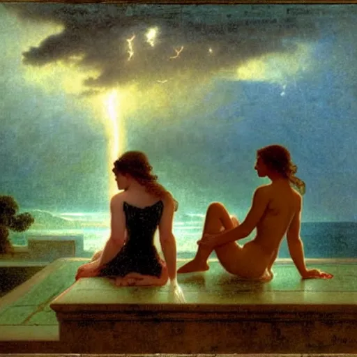 Prompt: Silhouette of two girls at the palace, thunderstorm, greek pool, beach and palm trees on the background major arcana sky, by paul delaroche, alphonse mucha and arnold böcklin arnold böcklin hyperrealistic 8k, very detailed