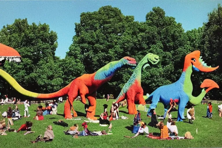 Image similar to full - color 1 9 7 0 photo of : view from a back porch of a lawn with a giant doing cartwheels, a statue wearing high - heels, happy creatures dancing, a dinosaur - victrola, tambourines and elephants playing in the band, a magician summoning a wondrous apparition, and people riding on a flying spoon.