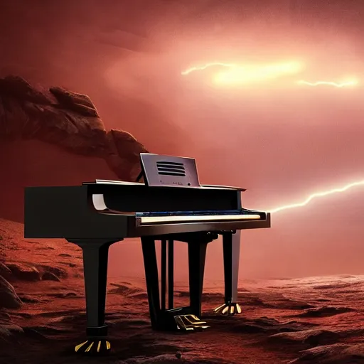 Image similar to UHD closeup of a Photorealistic Robot playing the piano during a stunning lightning storm on Mars, with a cool pose, by Antonio Caparo and Ferdinand Knab and Greg Rutkowski, UHD, photorealistic, trending on artstation, trending on deviantart