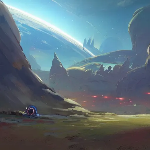 Image similar to landscape painting of a spaceship crashed into a foreign planet. clean sharp digital art, environment concept art, by rossdraws, ghibli, breath of the wild, greg rutkowski