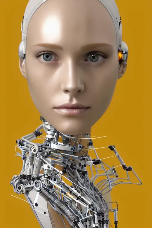 Image similar to robot with human face, female head, full body angle, woman human face, human face realistic, beautiful blonde hair, human head, human head with blonde hair, blonde hair human head, blonde hair, human realistic face, human head skin, cyborg frame concept, cyborg by ales-kotnik, sci-fi android female, the body is made of wires, robotic body, cyborg body, cyborg bust body, robot body cyborg, full body