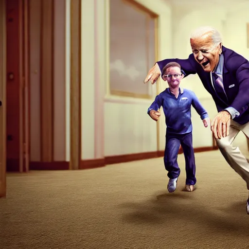 Prompt: joe biden chasing a child in the backrooms, hyper - realistic, 4 k, octane - render, realistic.