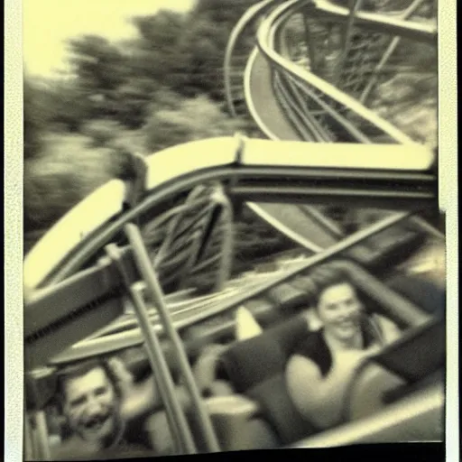 Image similar to retro Polaroid photograph of Bruce Wane on a roller coaster