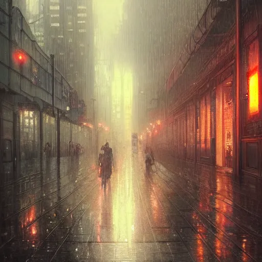 Image similar to a beautifull intricate rainy day in a cyberpunk city, brutalism, punks, reflexions, raindrops, high details by william turner art, greg rutkowski and alphonse mucha, trending on artstation, very very detailed, masterpiece,