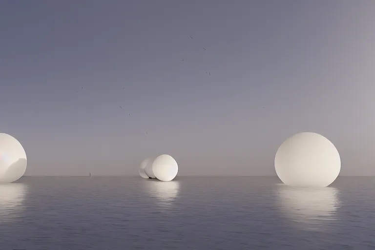 Image similar to a lot of white egg shaped spherical spaces are combined and intersected to form a skum white building. on the calm lake surface, people's perspective, future, interior wood, marble, award winning, highly detailed 4 k art, dusk, unreal engine highly rendered, global illumination, radial light, internal environment