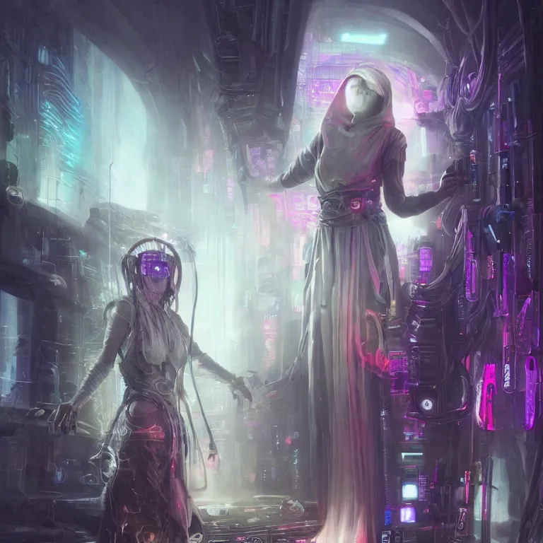 Image similar to futuristic priestess in a hooded robe full of cables and neons, cyberpunk, gothic, fantasy, science fiction, character concept art, matte painting, hyperdetailed, realistic, creepy, atmospheric, cinematic, kinemacolor