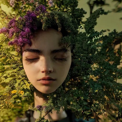 Image similar to beautiful overgrown foliage taking over an ( beautiful abandoned human - shaped robot body laying on the ground ), close - up, 3 5 mm, biopunk, bokeh, beautiful, lens flare, emotional, sweet, flowers, detailed, picture, trending on artstation, award - winning, shiny, golden, angle view, octane render