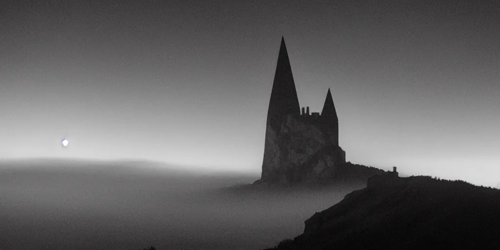 Image similar to a tall pointy castle atop a steep mountain, fog engulfs the ground below and a big glowing crescent moon lingers above