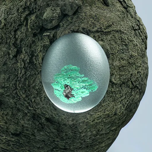 Prompt: realistic, glass egg filled with fossils mossy creature on the inside, octane render, 8k, cinematic lighting